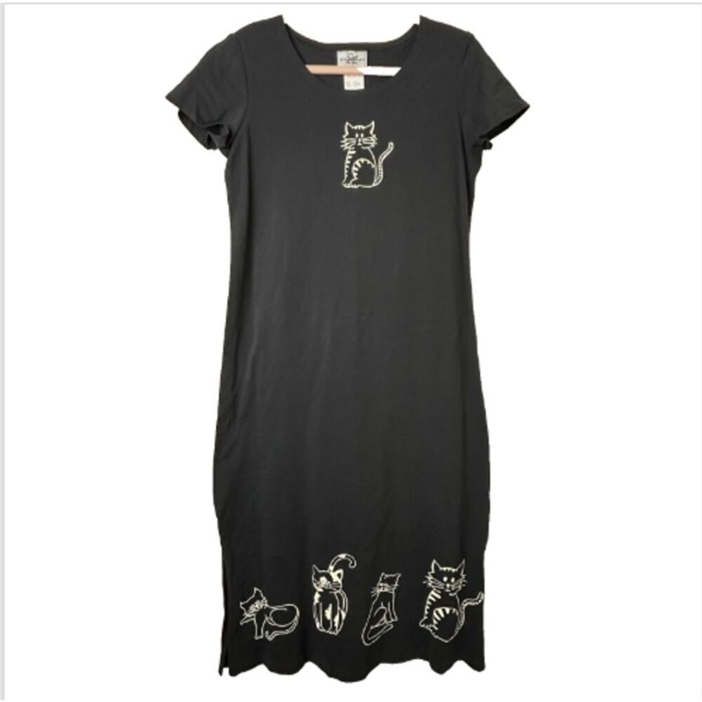 8P Y2K VTG Studio Ease Black Maxi Dress Cat Cottagecore Whimsigoth Grunge Quirky